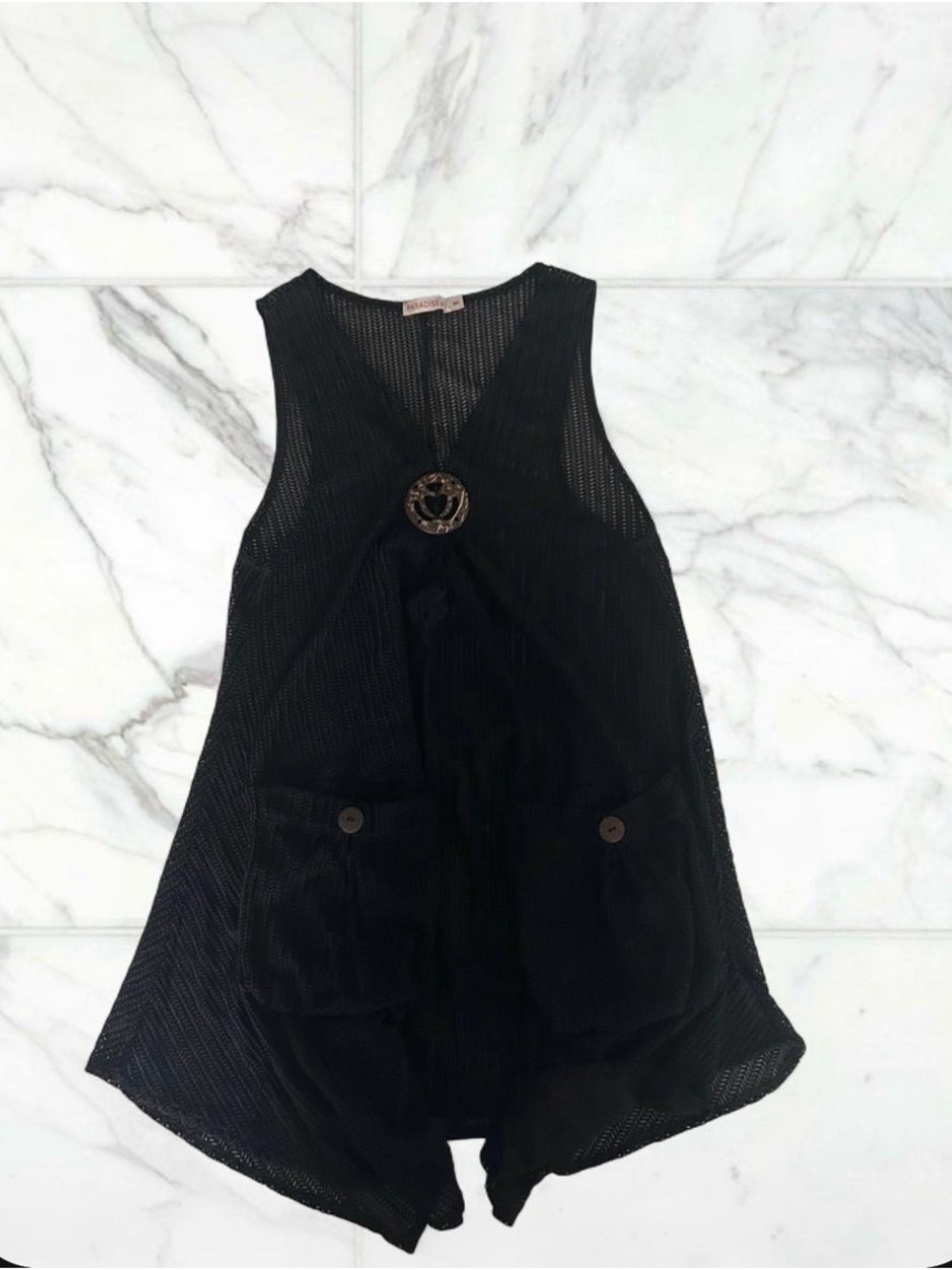 Black Mesh Sleeveless Tank with Decorative Brooch
